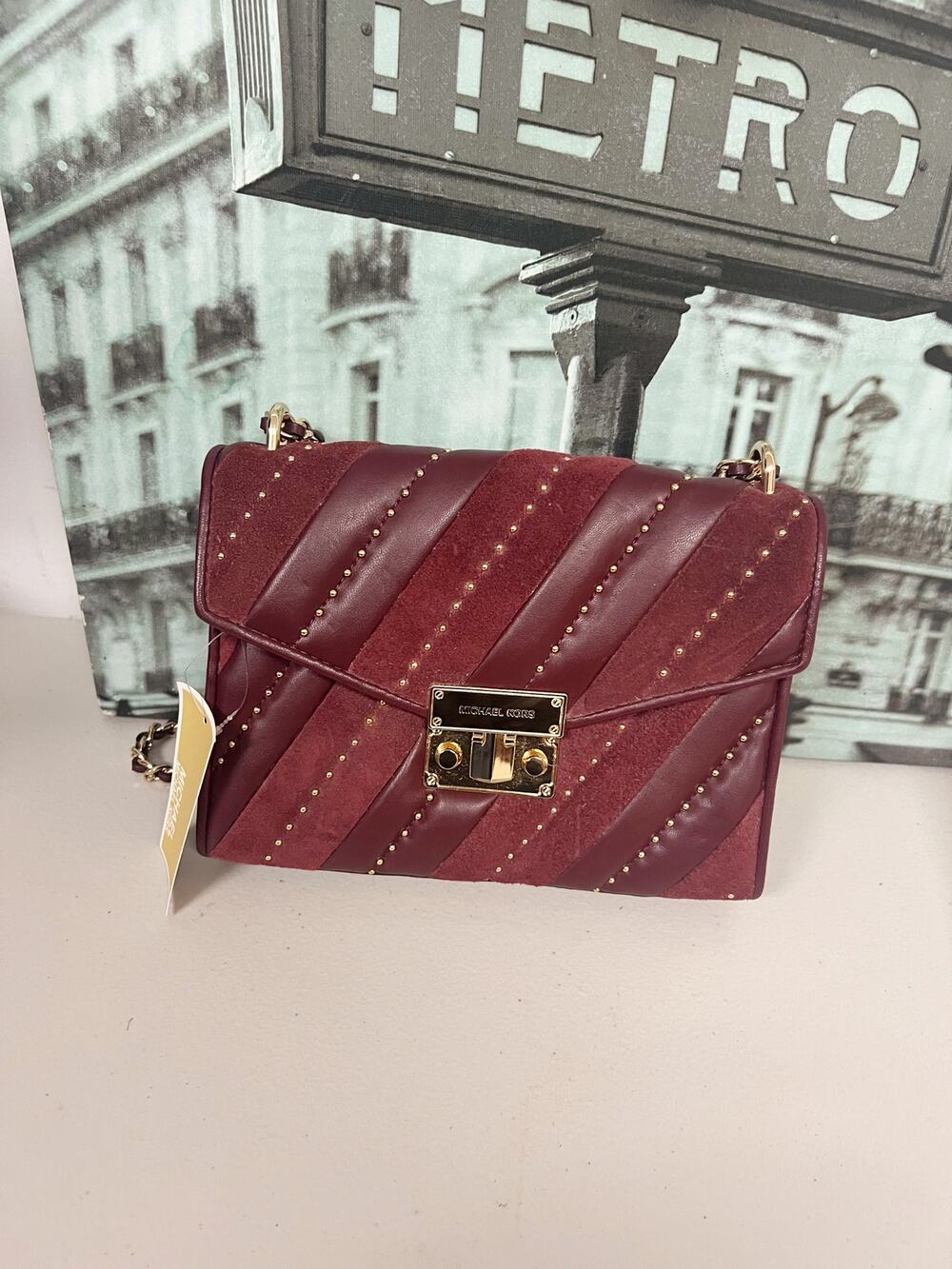 Michael Kors 35F1GXOL2U Rose Medium Flap Burgundy Studded Crossbody Bag